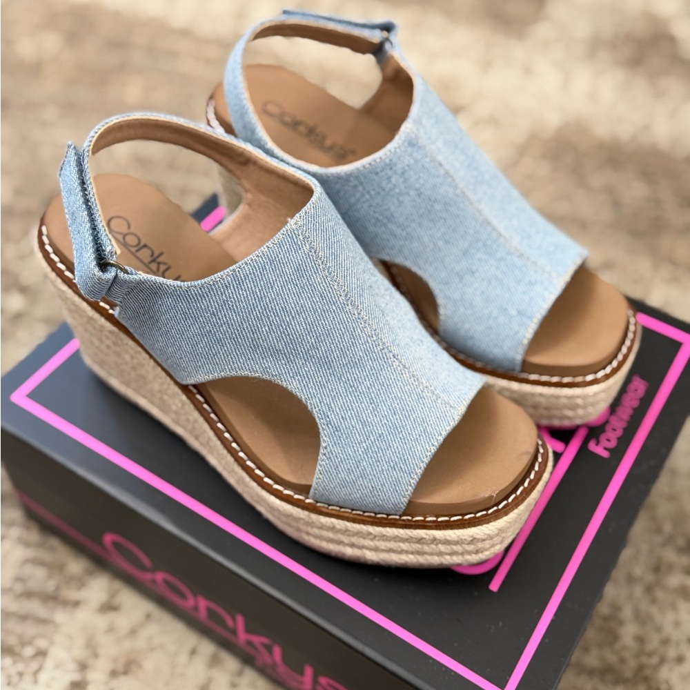 Corkys Light Blue Denim Wedge Sandals - Picture 2 of 5